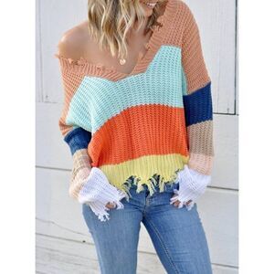 Women Chunky Oversized Color Block Raw Edge Sweater Size M /L